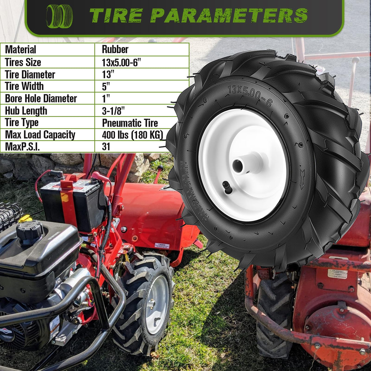 CMOOD 13x5.00-6 tread close-up demonstrates deep traction on varied ground