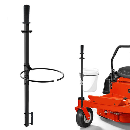 CNAINFC bucket holder mounted on a zero turn mower front view for debris collection