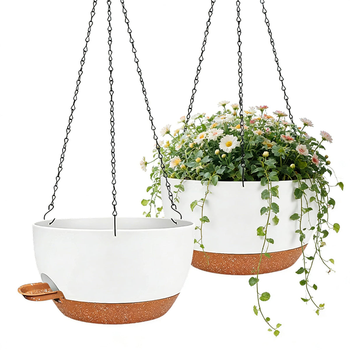 CNLBO 12-inch self-watering hanging planter keeps soil moist for indoor plants.