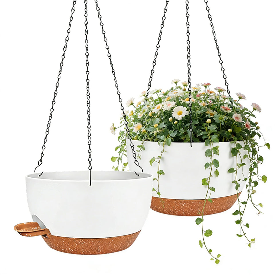 CNLBO 12-inch self-watering hanging planter keeps soil moist for indoor plants.