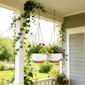 CNLBO hanging planter with drainage holes and detachable saucer for moisture control.