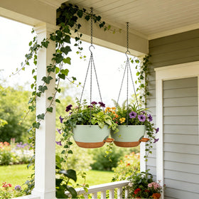 CNLBO self-watering system on hanging planter demonstrating soil moisture control