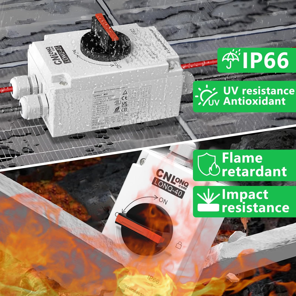CNLonQcom DC isolator with 32A capacity supports 1- or 2-string wiring.