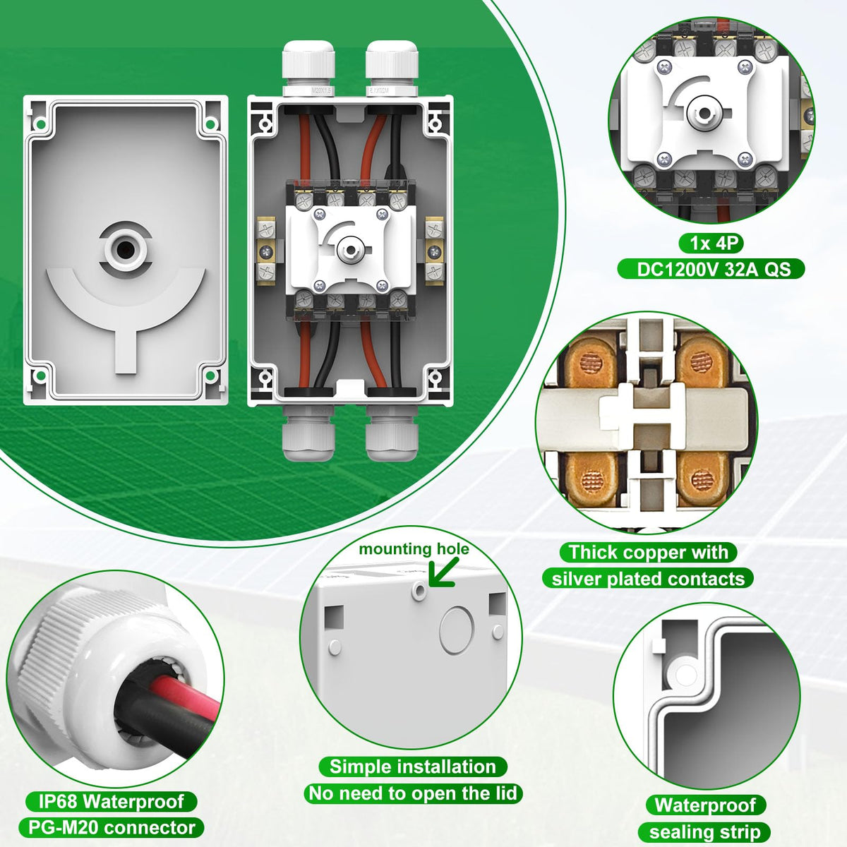 CNLonQcom IP66 weatherproof enclosure protects the PV switch in harsh outdoor conditions.