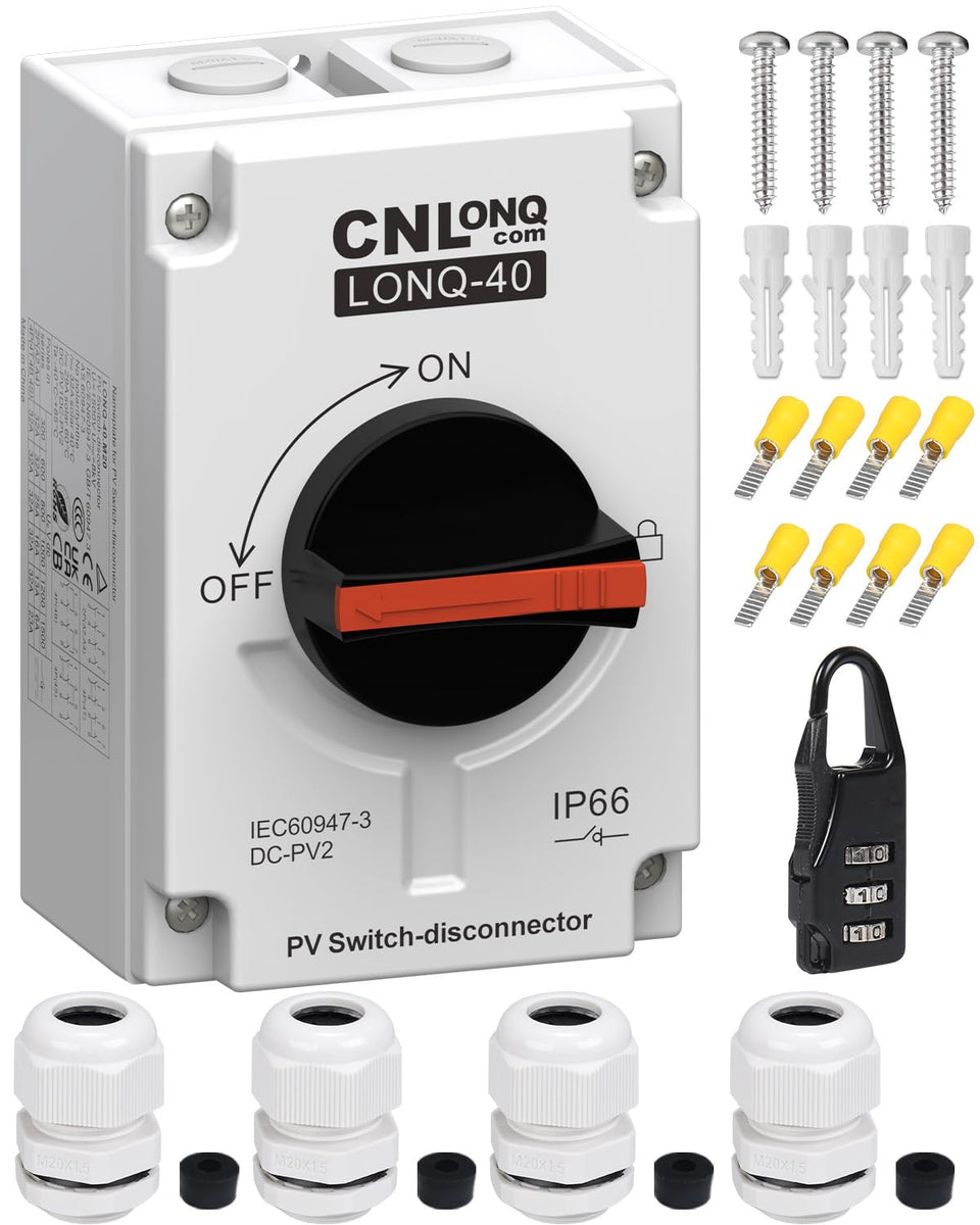 CNLonQcom solar PV disconnect switch, 4P configuration, safe rooftop maintenance.