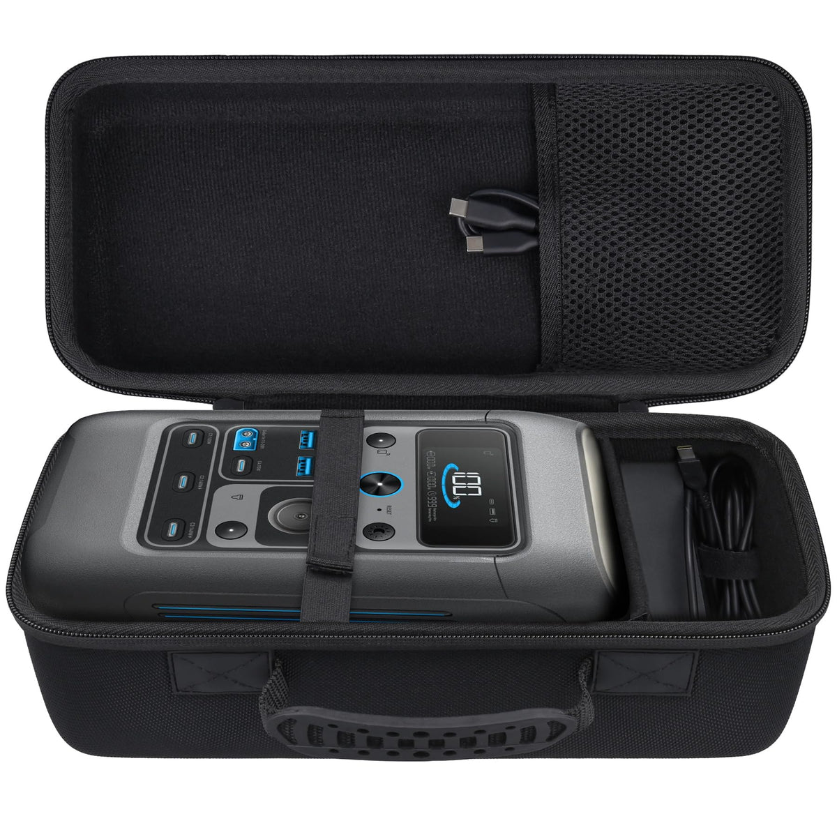 co2CREA interior with mesh pocket and divider keeps cables and chargers organized.