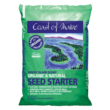 Coast of Maine Sprout Island Blend seed-starter mix ready for germination