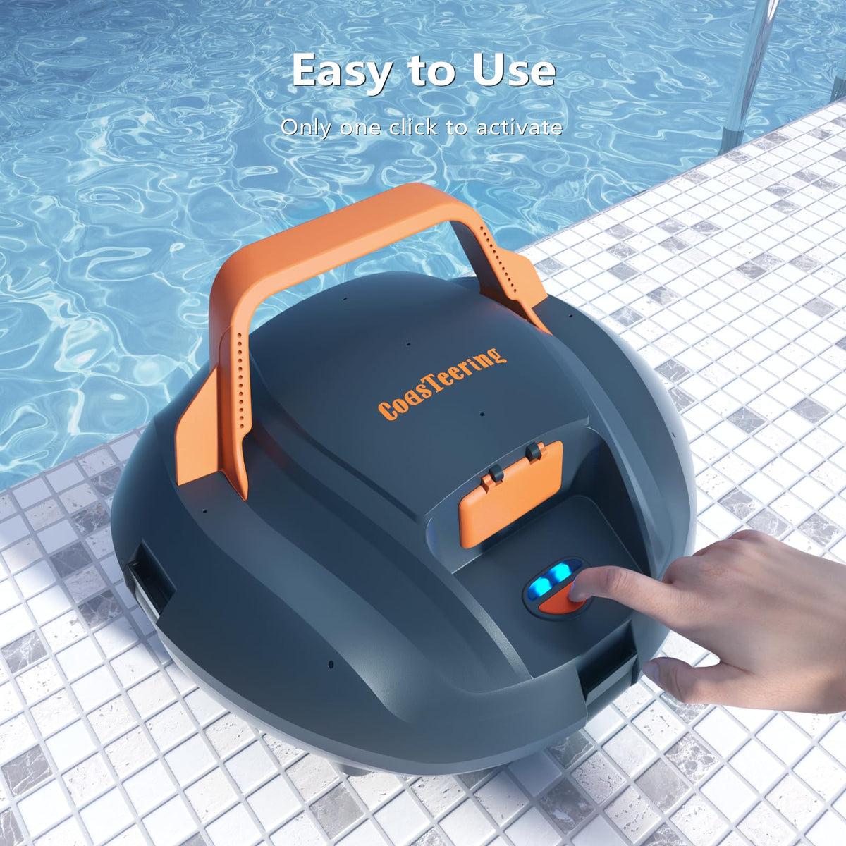 CoasTeering robotic pool cleaner dual suction system for deep cleaning.