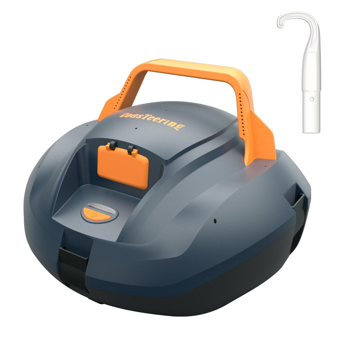 CoasTeering robotic pool cleaner front view highlights dual motors for thorough cleaning.