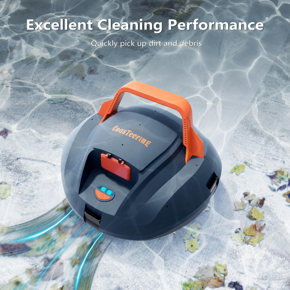 CoasTeering robotic pool cleaner side profile shows slim design for pool access.