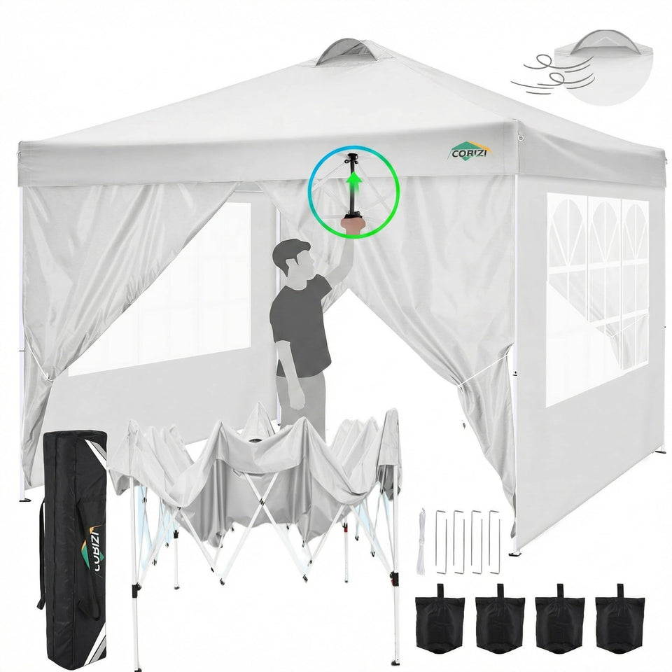COBIZI 10x10 pop up canopy center lock for quick, tool-free setup.