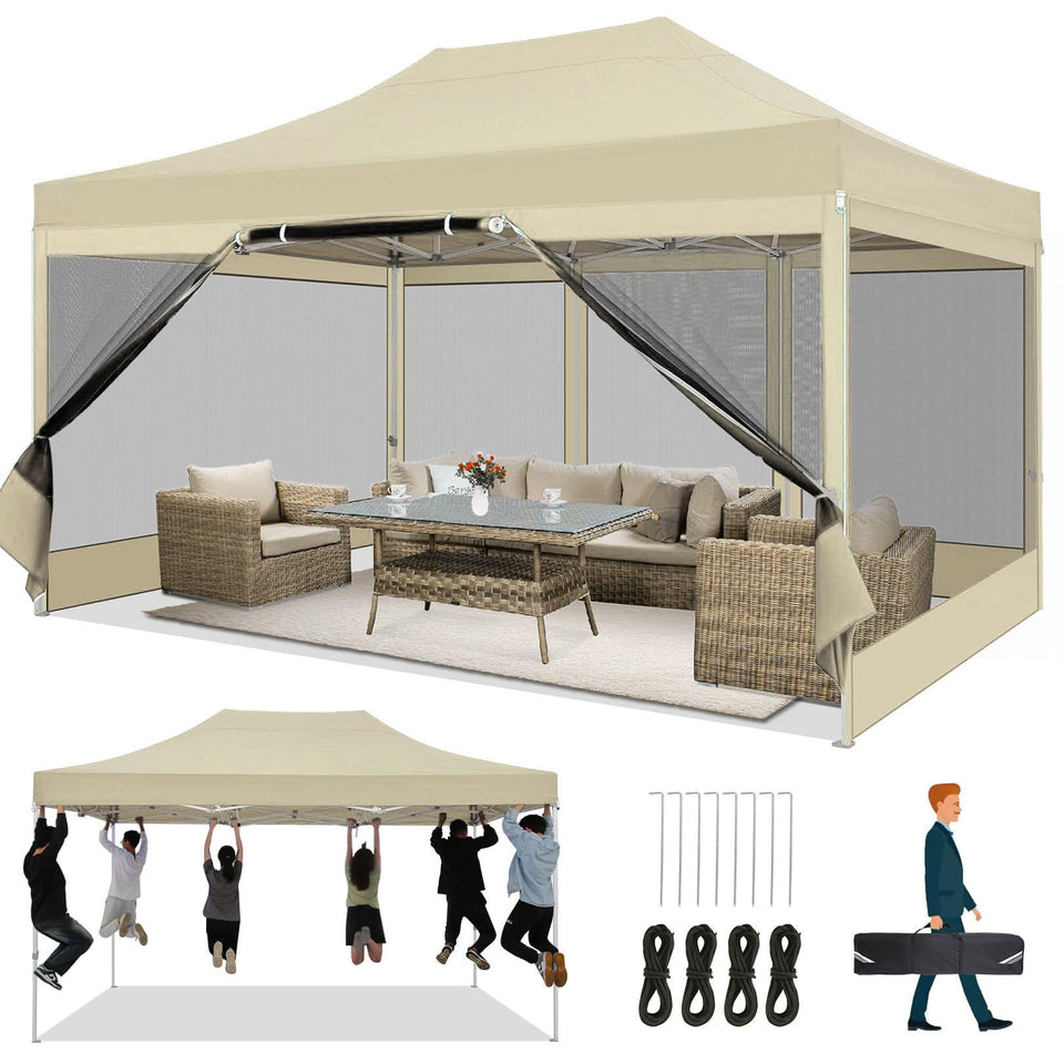 COBIZI 10x15 canopy top view highlighting waterproof fabric and UV protection.