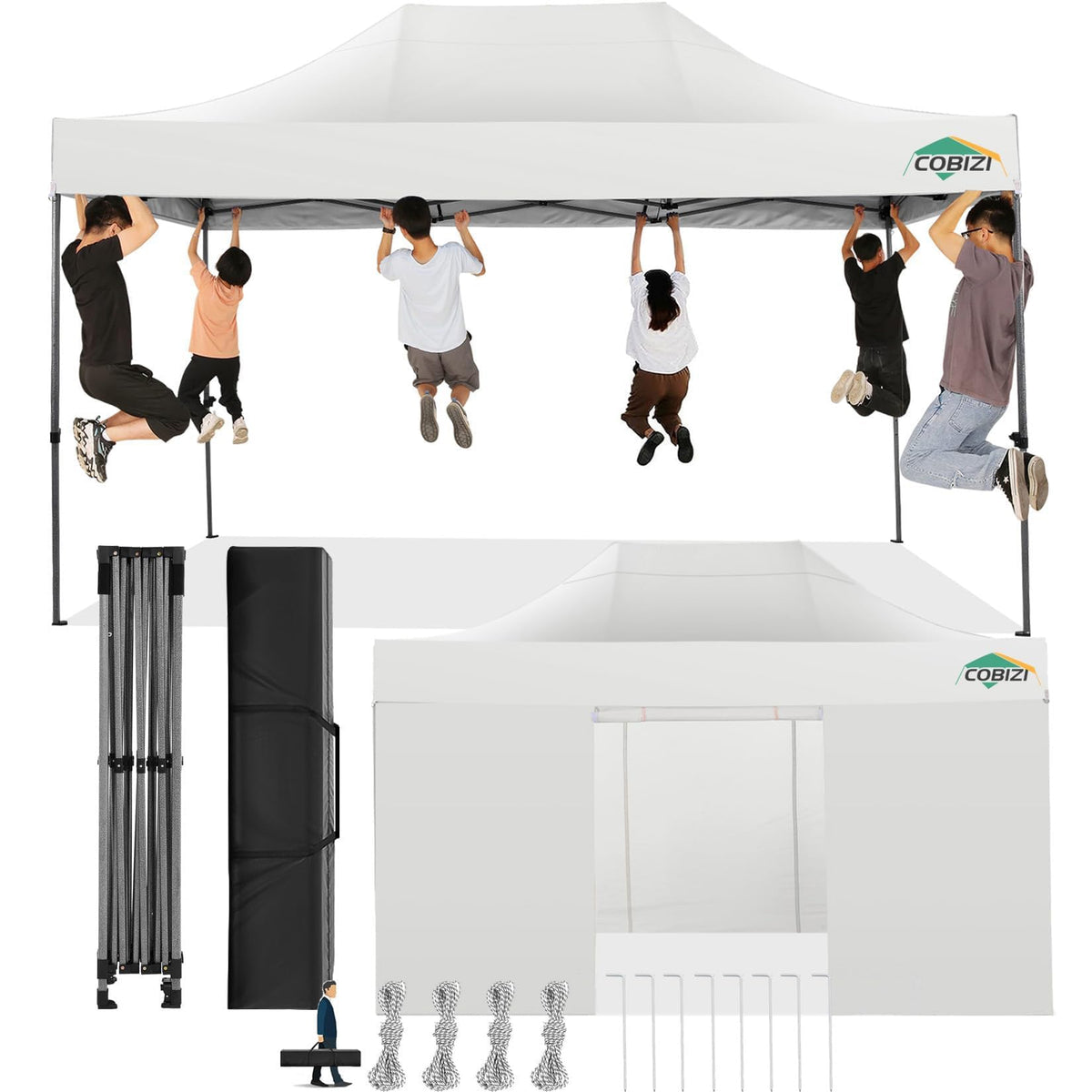 COBIZI 10x15 pop-up canopy top cover provides sun and rain protection for outdoor events.