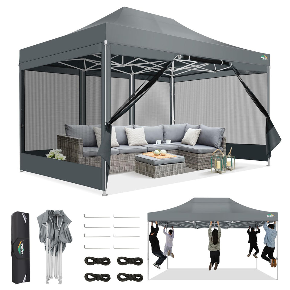 COBIZI 10x15 pop-up tent top view showing durable frame for outdoor events.