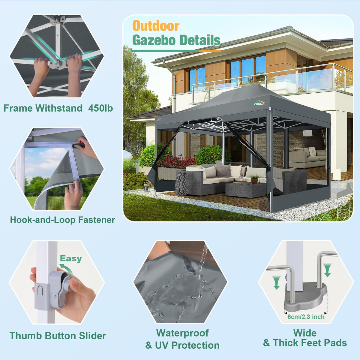 COBIZI 10x15 sidewalls with mosquito netting for ventilation and pest protection.