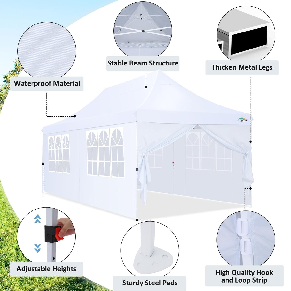 COBIZI 10x20 canopy sidewalls with windows for light and airflow.