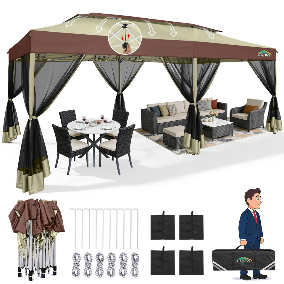 COBIZI 10x20 pop-up gazebo frame enables fast shelter setup outdoors.