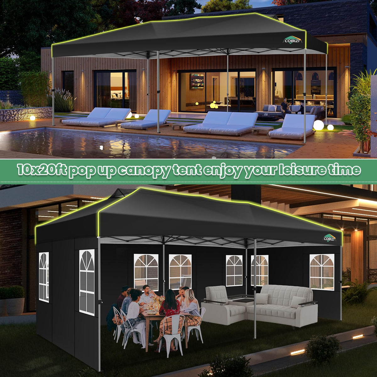 COBIZI 10x20 canopy tent with carry bag for easy transport.