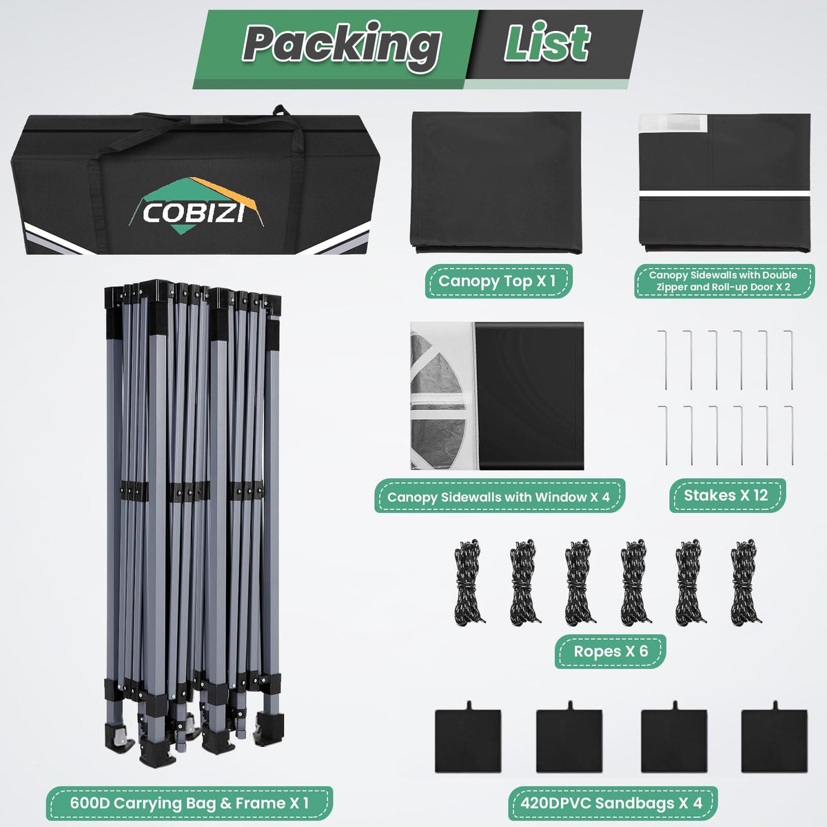 COBIZI includes carry bag, stakes, and sandbags for a stable setup.