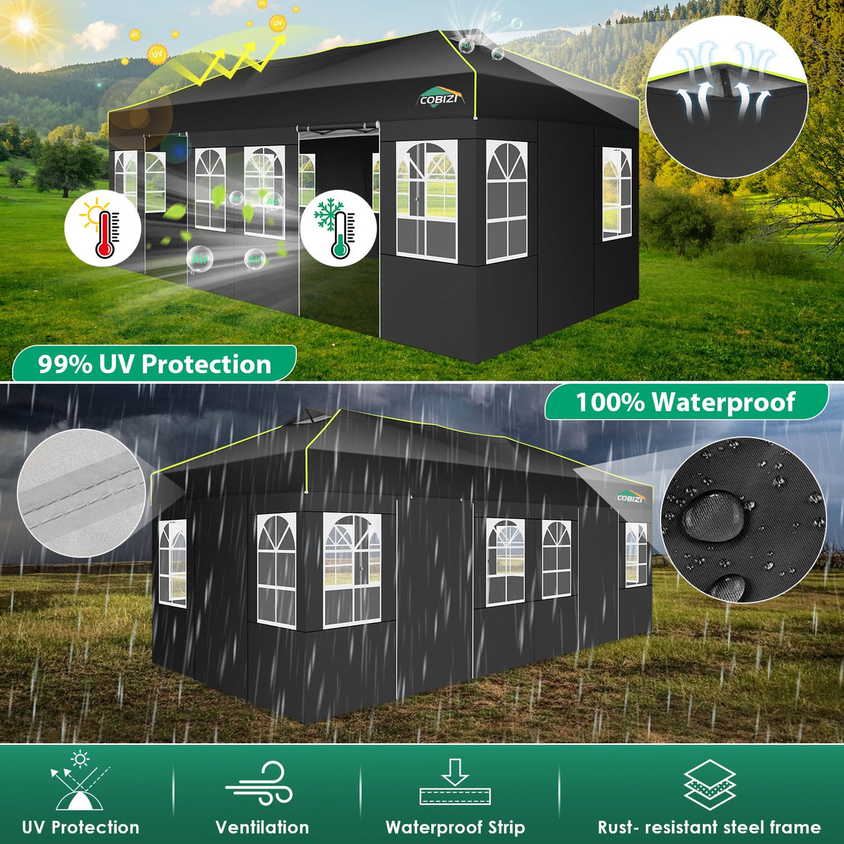 COBIZI 210D fabric with silver-plated lining provides waterproof and UV protection.