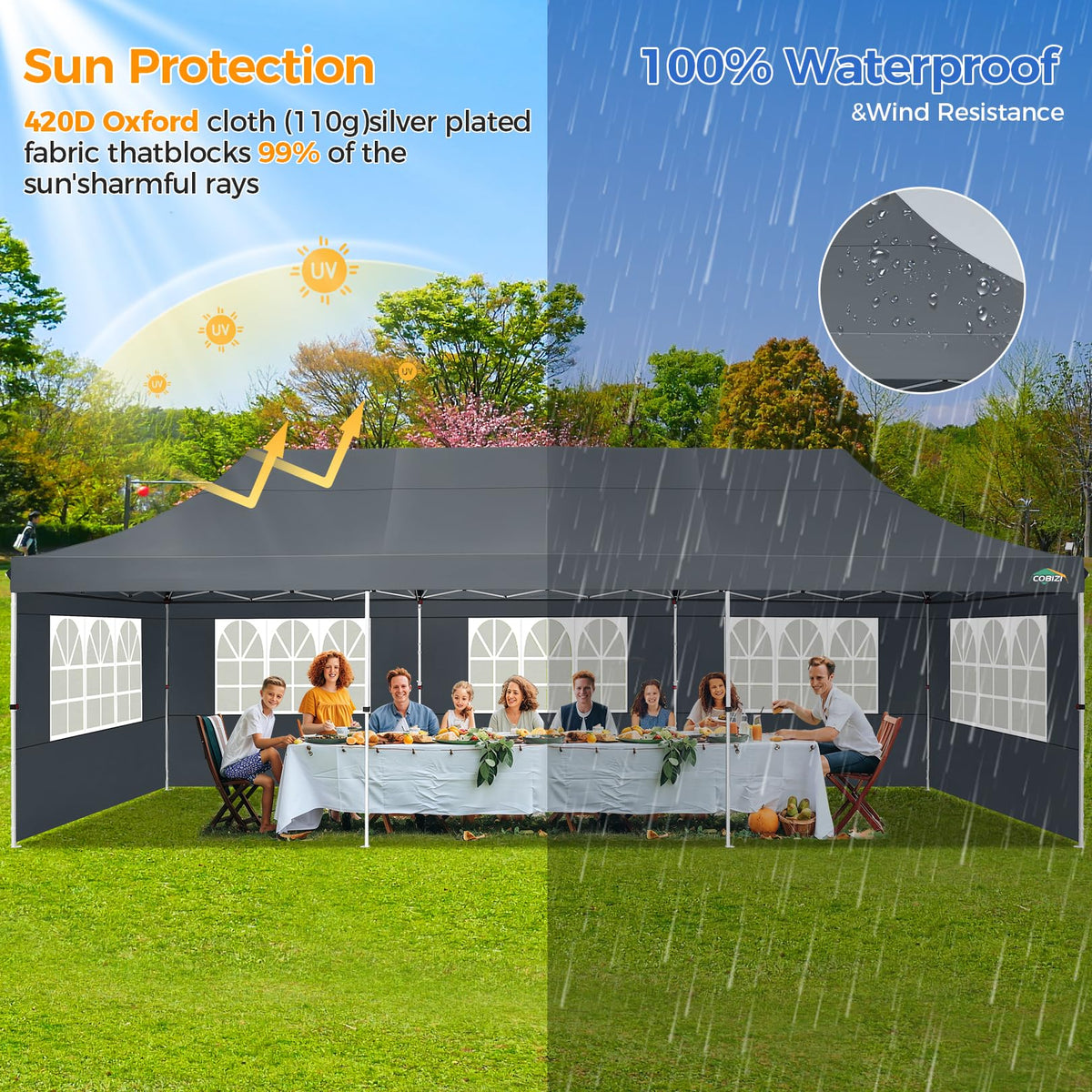 COBIZI zippered walls offer quick privacy or weather control.