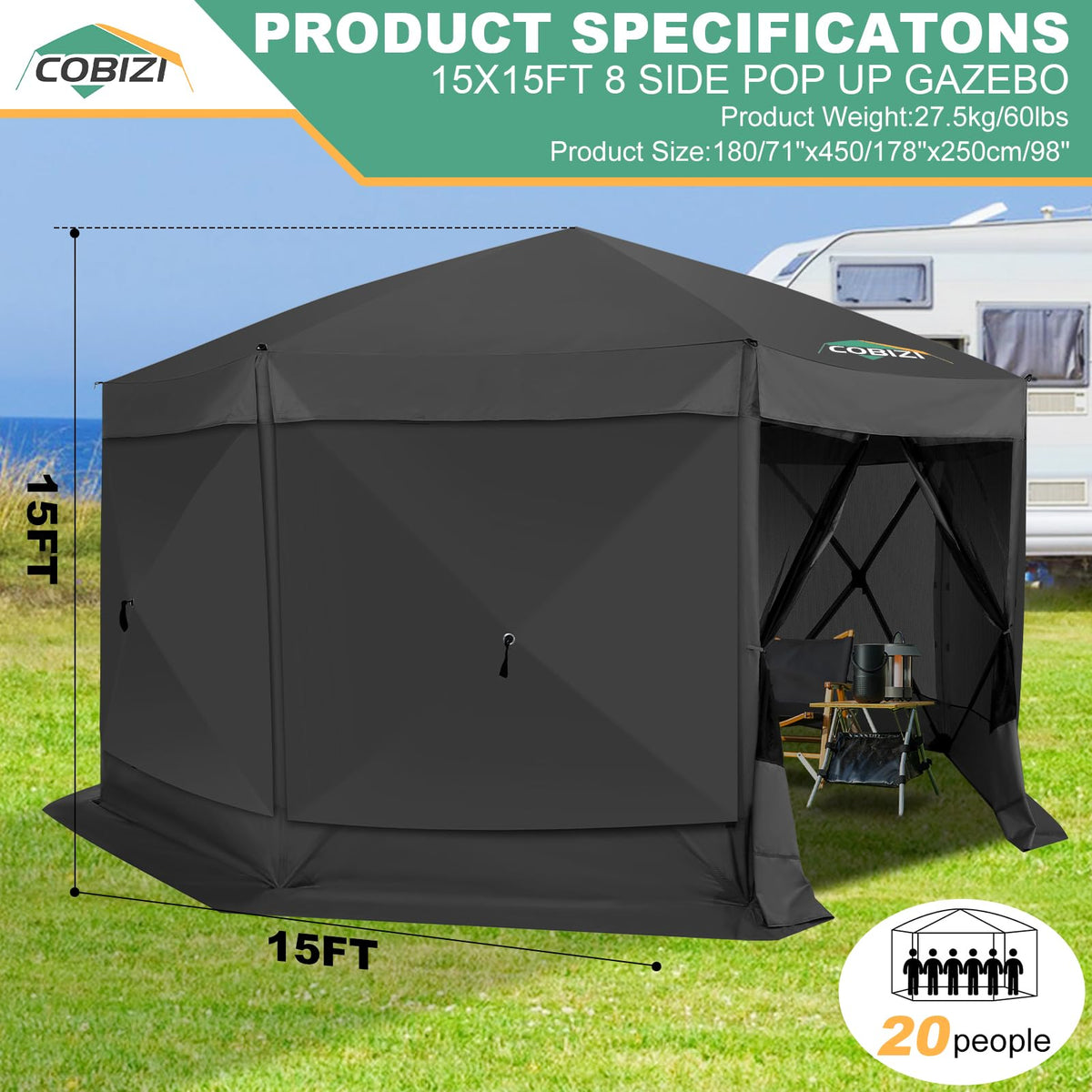 COBIZI 15x15 pop up gazebo with fiberglass poles for durable outdoor use