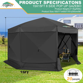 COBIZI 15x15 pop up gazebo with fiberglass poles for durable outdoor use