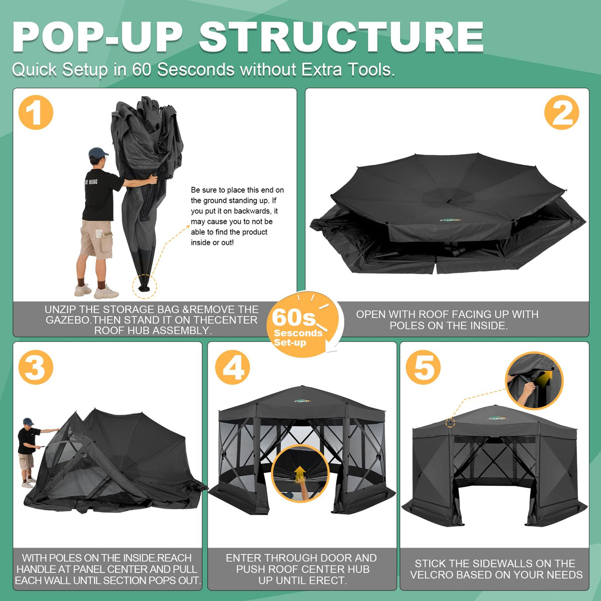 COBIZI 15x15 pop up gazebo fully assembled layout showing spacious canopy for 12-15 guests