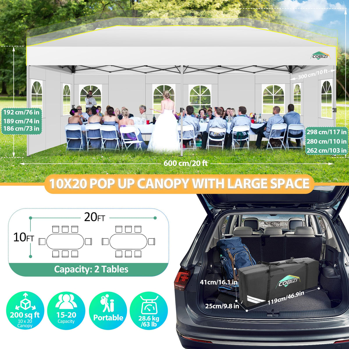 Generous 200 sq ft canopy shade supports 15–20 guests