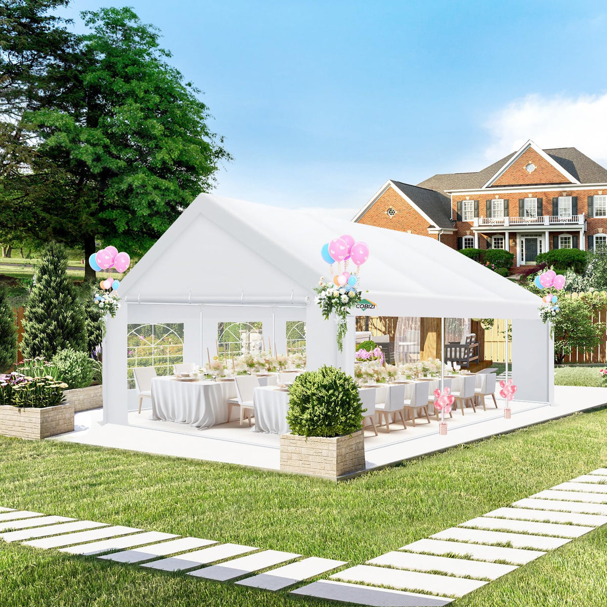 COBIZI 20x20 tent front view shows shaded outdoor space for gatherings