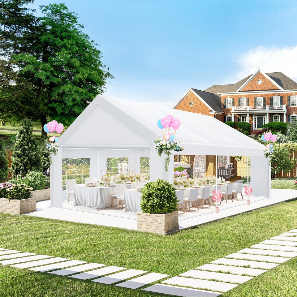 COBIZI 20x20 tent front view shows shaded outdoor space for gatherings