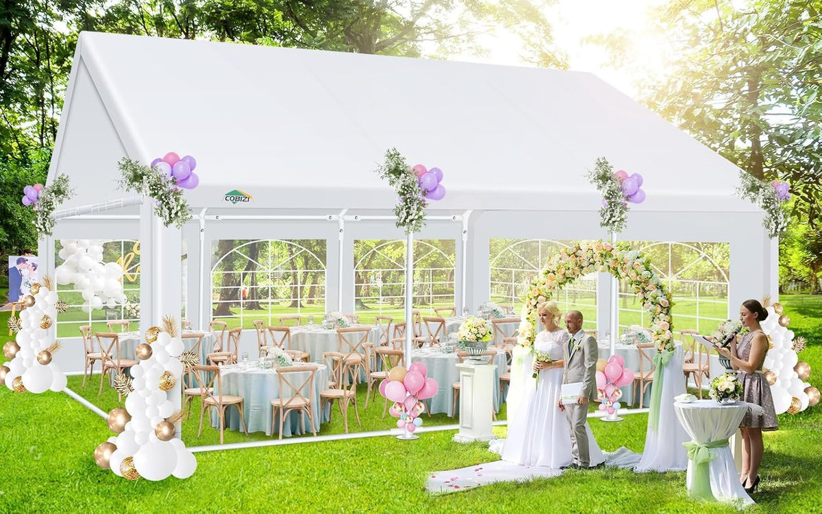 COBIZI 20x20 tent interior setup with dining area for gatherings