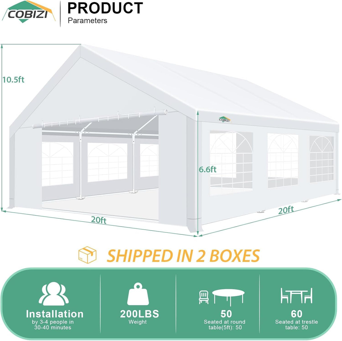 COBIZI 20x20 tent with removable sidewalls for flexible configurations