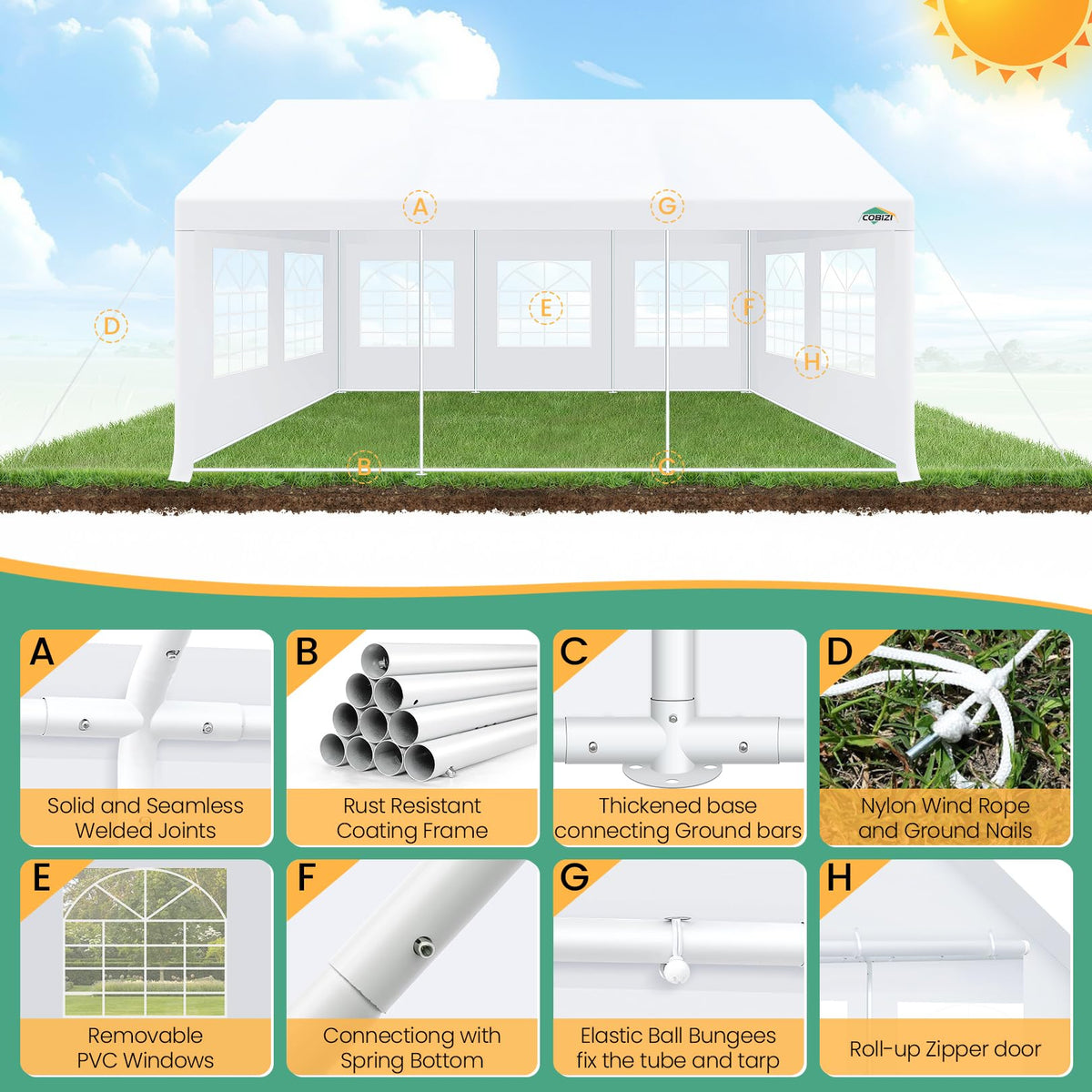 COBIZI tent stakes and wind ropes reinforce stability during wind