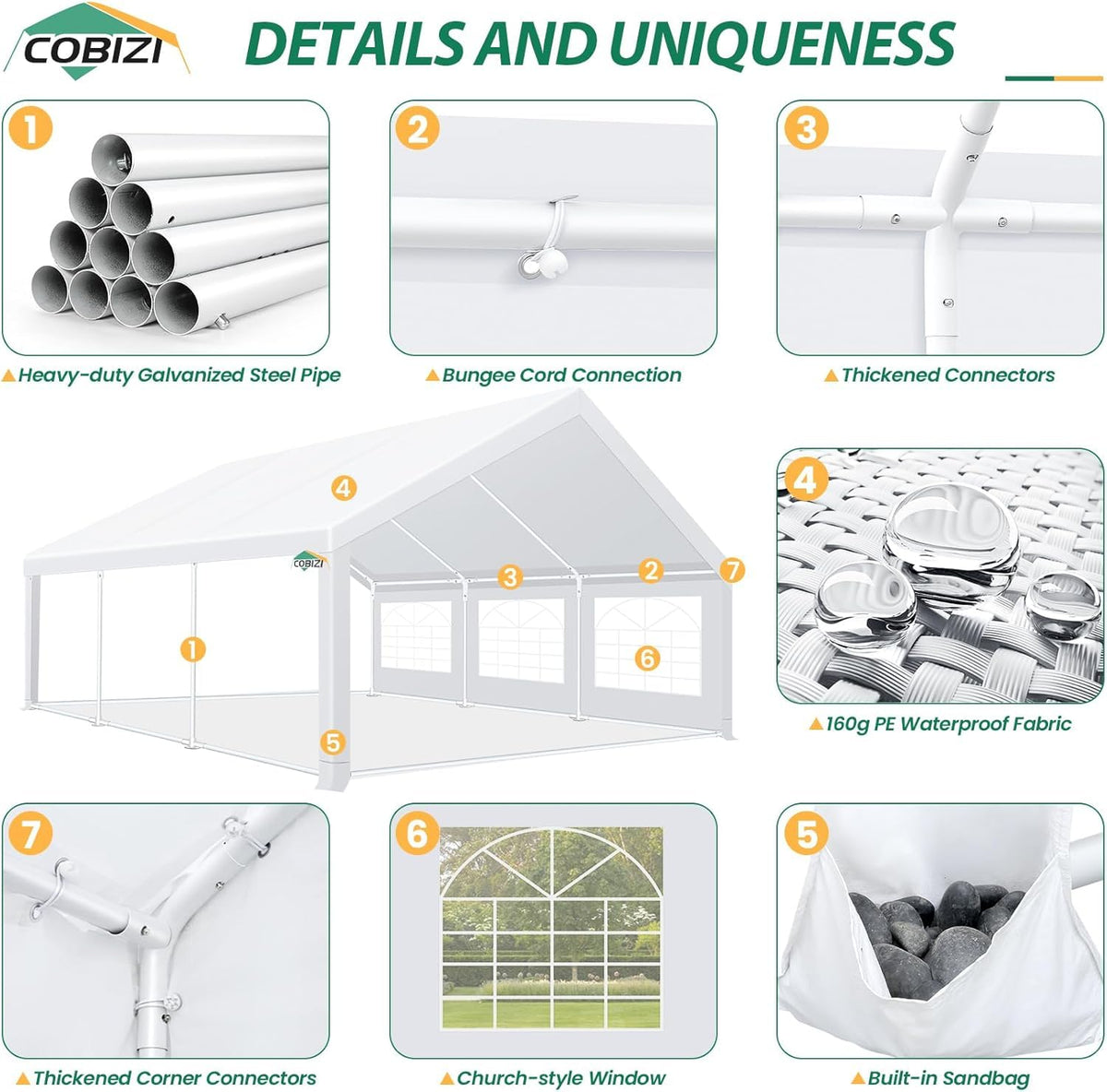 COBIZI 20x20 tent features waterproof UV50+ coating for outdoor use