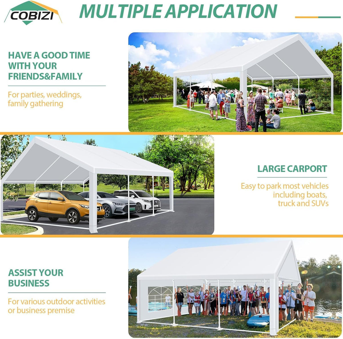 COBIZI 20x20 tent wind-stable setup with anchors