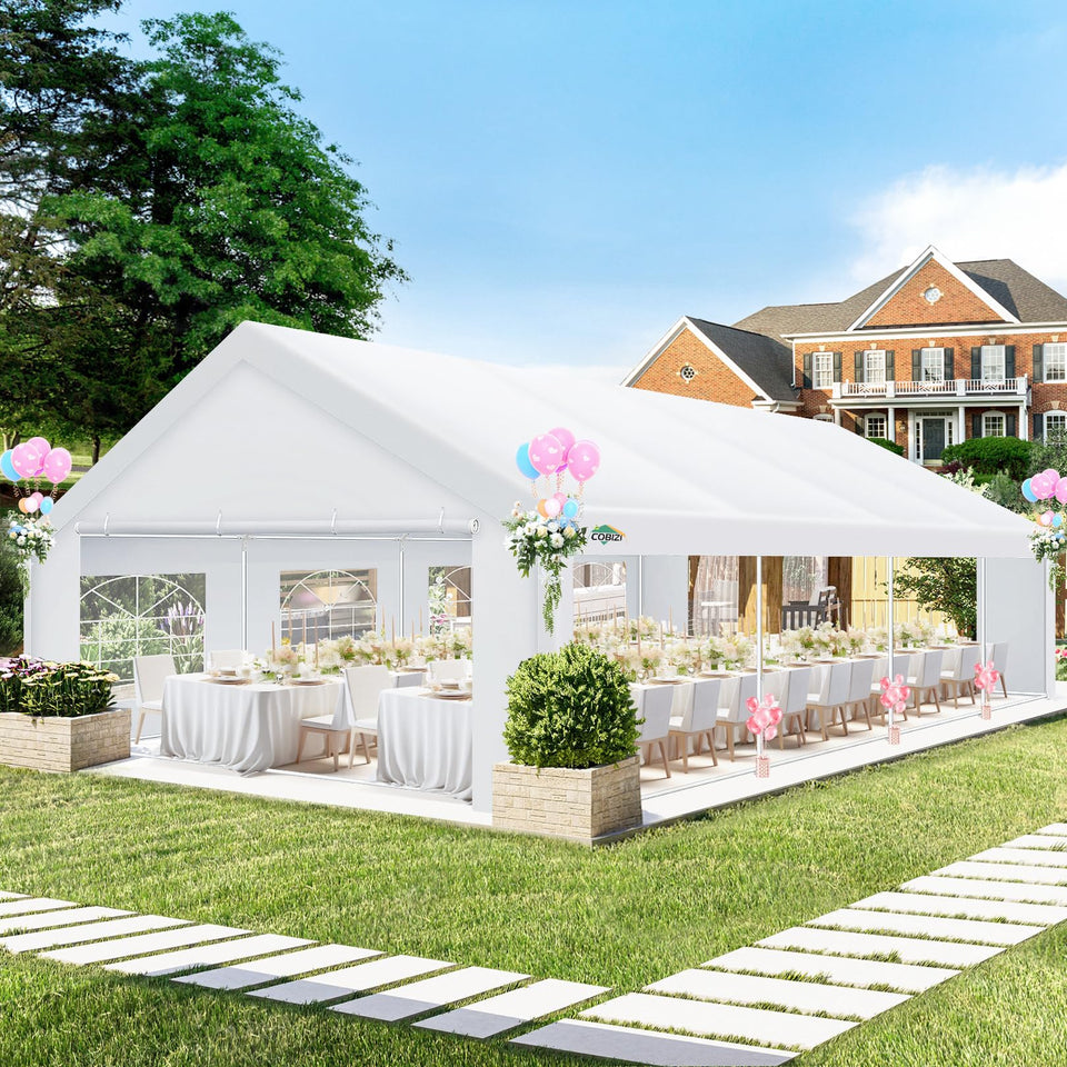 COBIZI 20x30 party tent exterior provides shade for outdoor events.