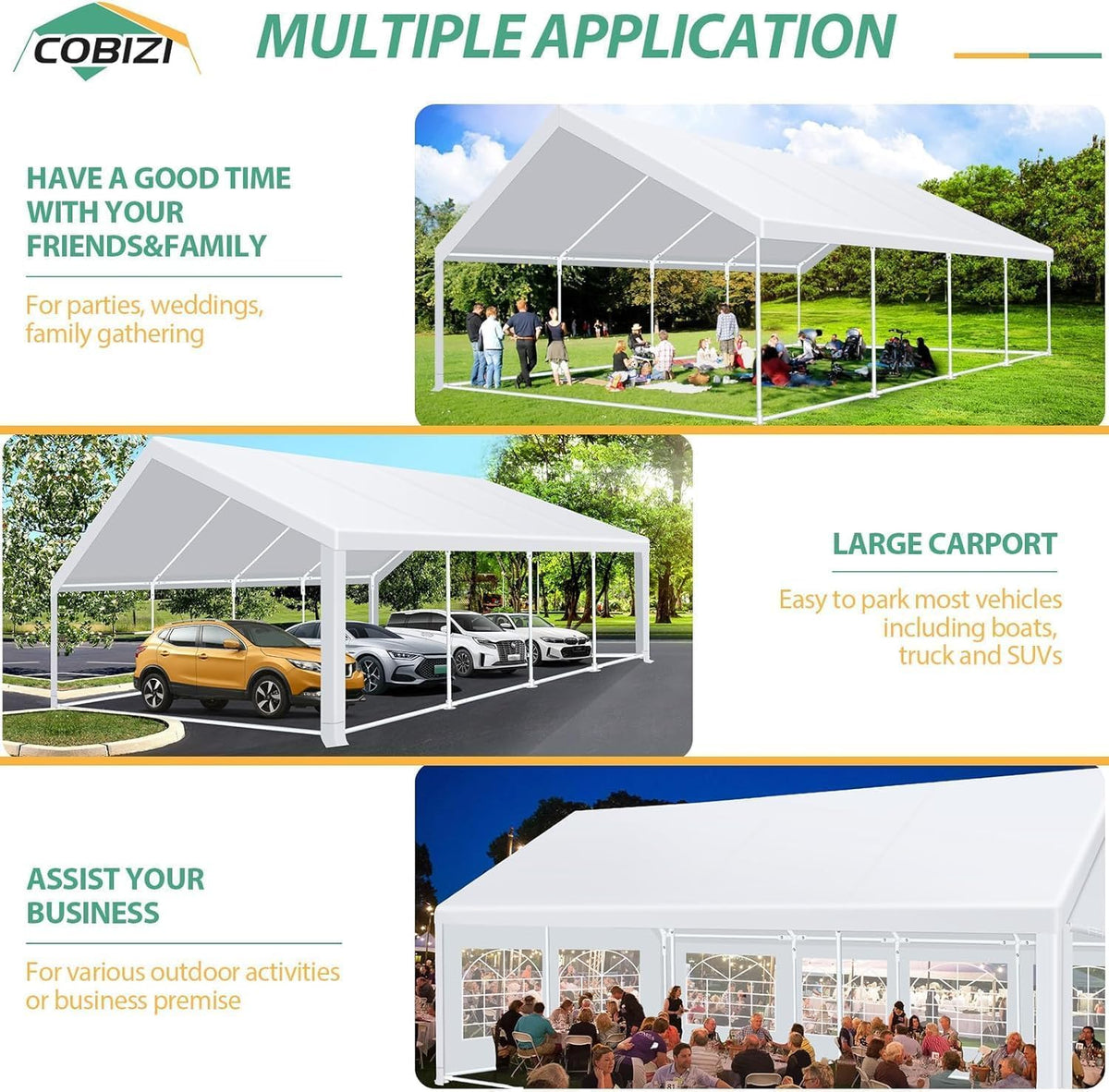COBIZI 20x30 party tent packaging ships in three boxes for fast delivery.