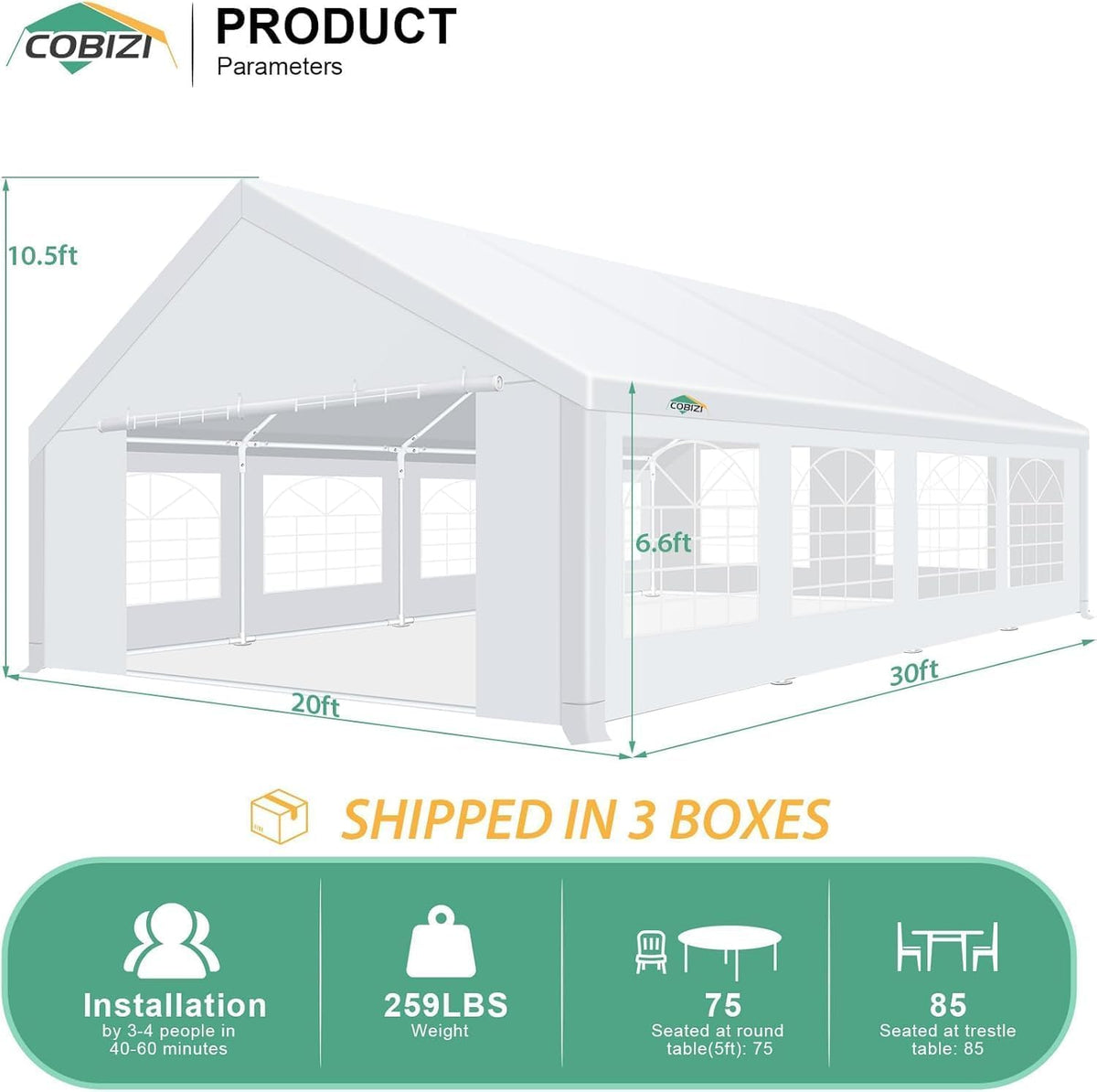 COBIZI 20x30 party tent removable sidewalls enable flexible layouts.