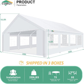 COBIZI 20x30 party tent removable sidewalls enable flexible layouts.