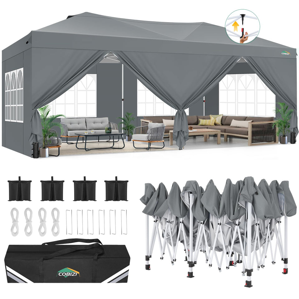 COBIZI canopy 10x20 assembly demonstrates quick, tool-free setup for outdoor events