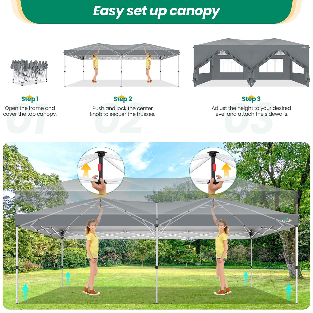 COBIZI canopy center-lock button enables quick setup without tools