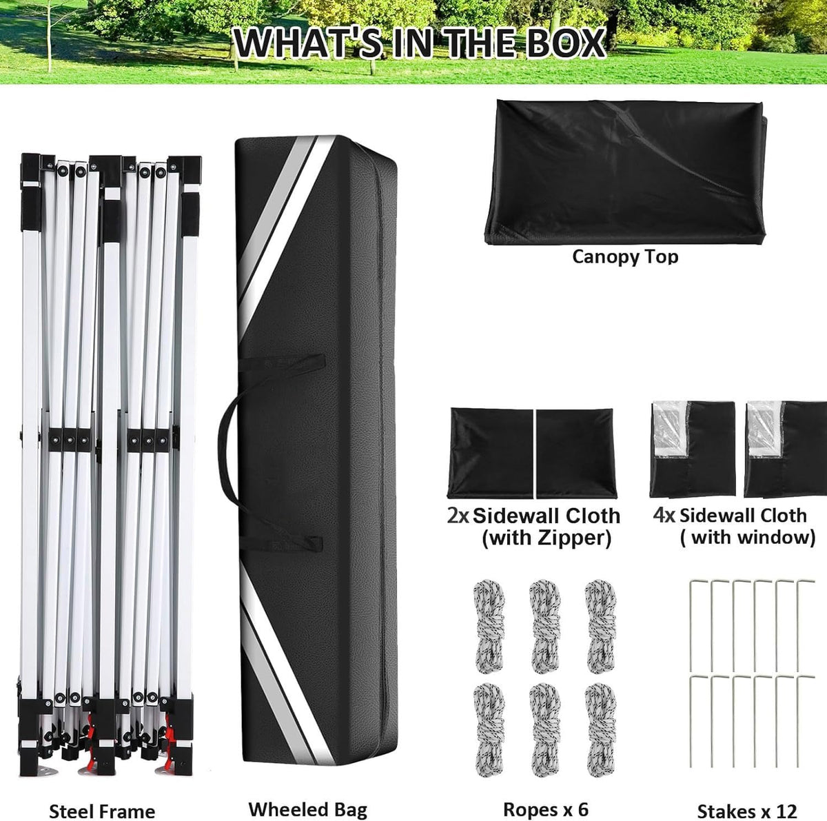 COBIZI canopy packaging with sandbags and stakes for stable anchoring