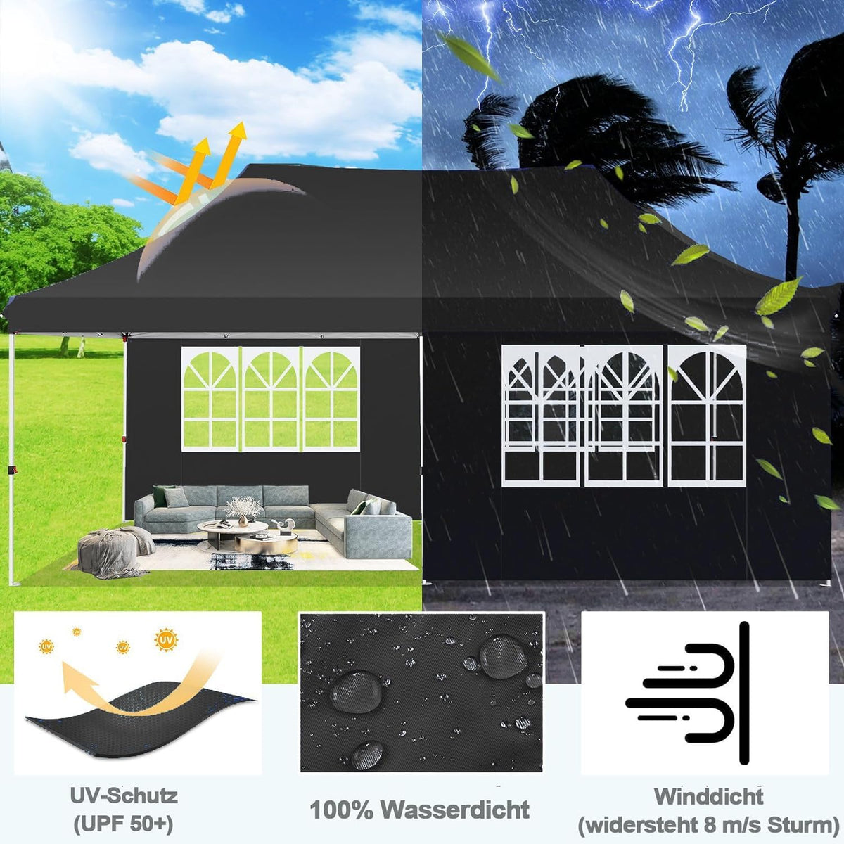COBIZI canopy removable sidewalls enable flexible weather protection and privacy