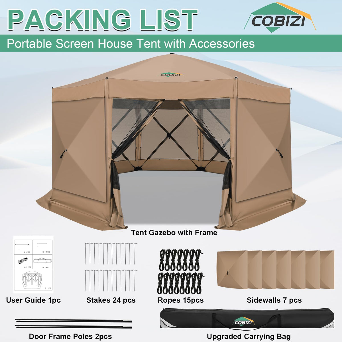 COBIZI complete package includes stakes, ropes, and storage bag
