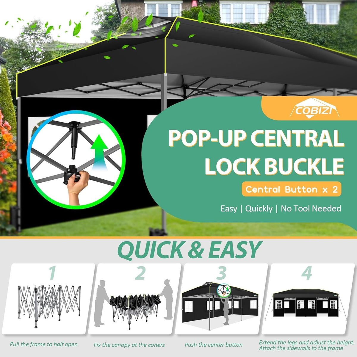 COBIZI canopy frame and pivot system enabling one-push setup