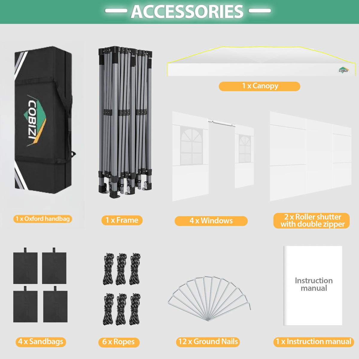 Complete kit with sandbags, stakes, wind ropes and carry bag