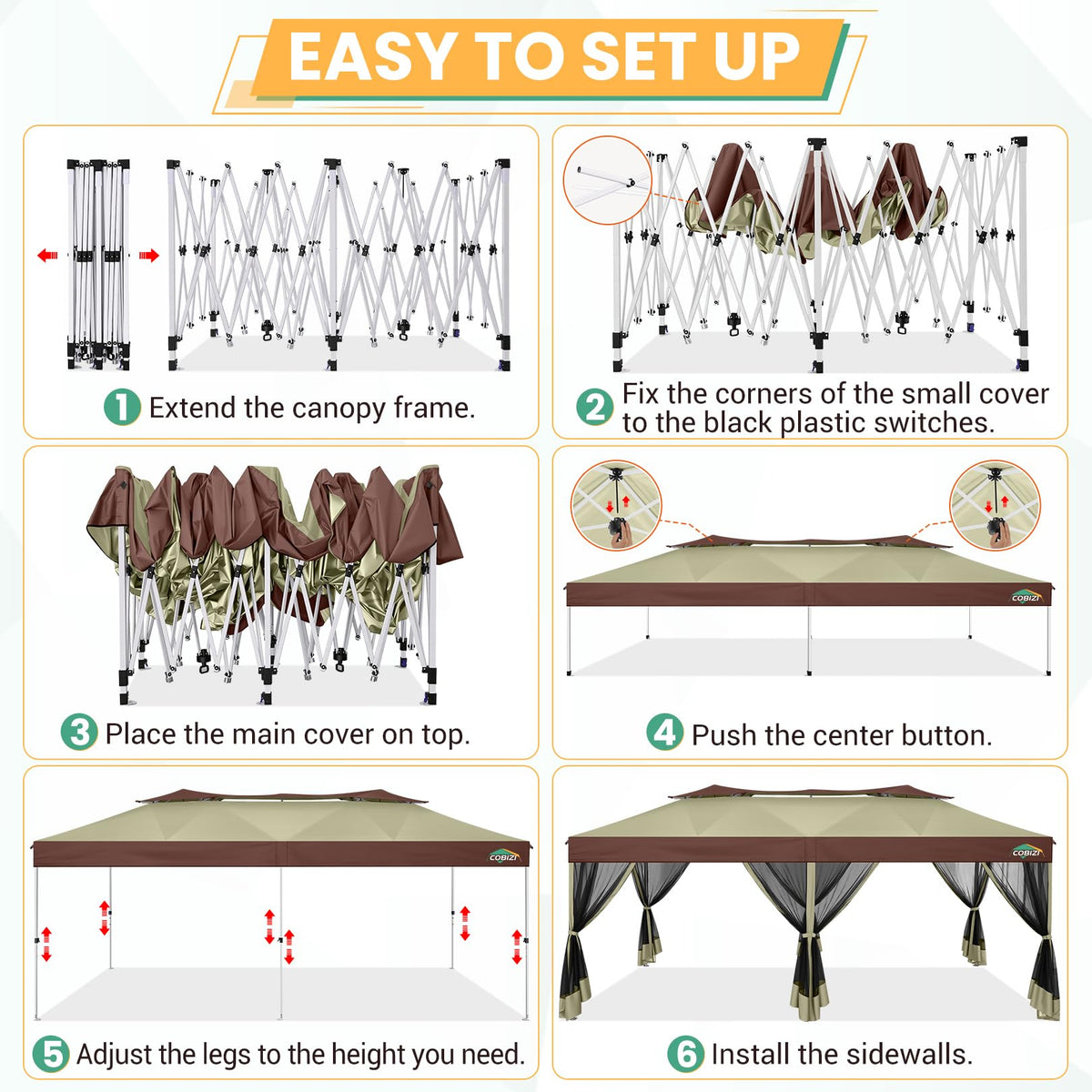 COBIZI rope and stake set helps secure setup.
