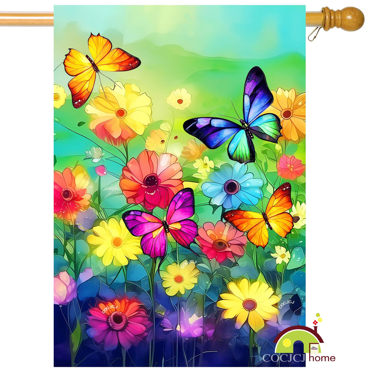 COCJCJ flower detail highlighting bright colors and double-needle stitching.