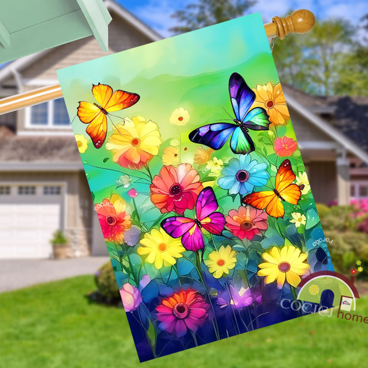 COCJCJ spring butterfly flag 28x40, double-sided for clear view from both angles.